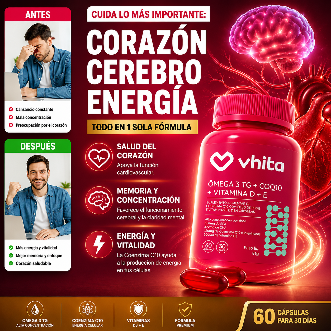 Vhita Omega 3 TG + CoQ10 + Vitamina D + E