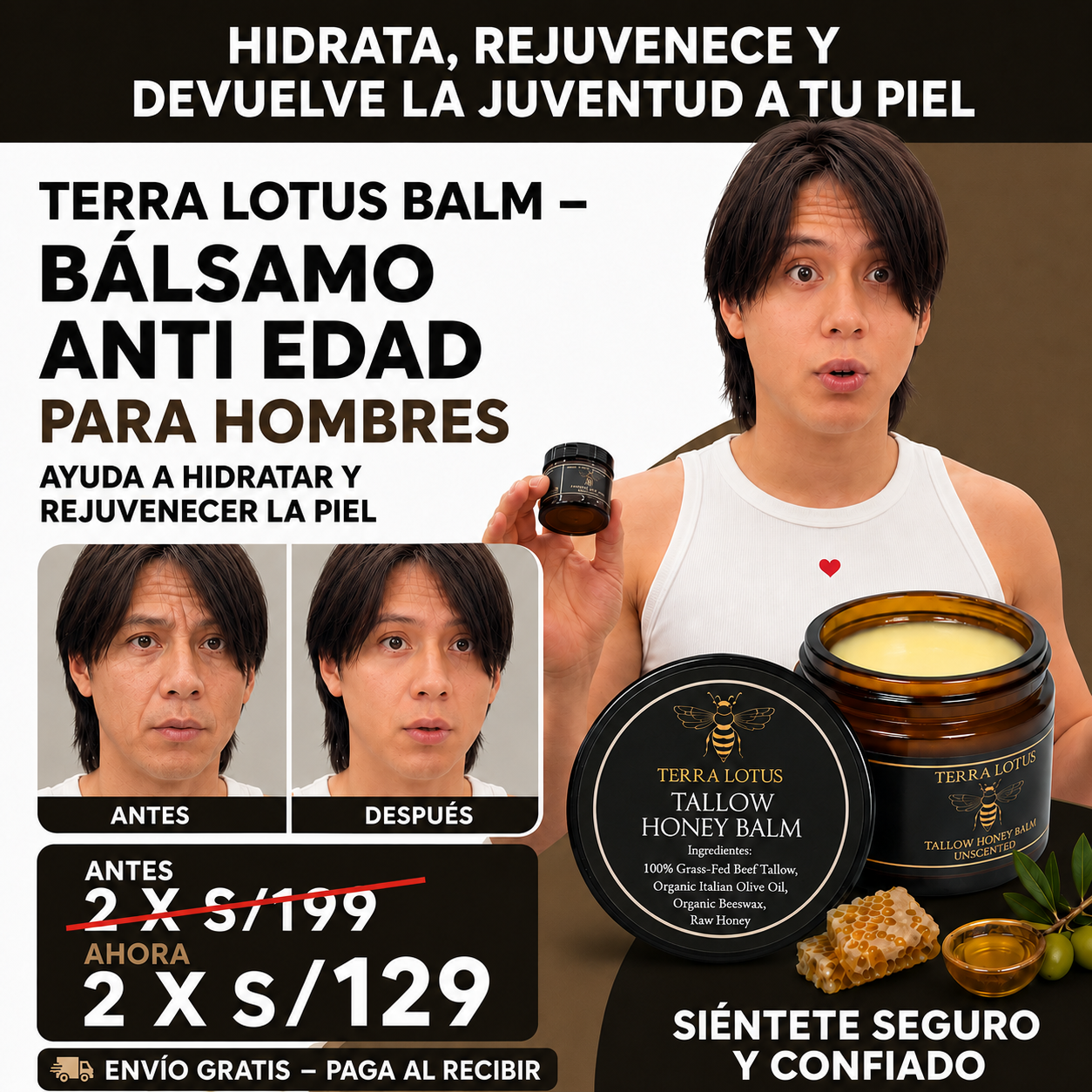 Oferta 2x1 Bálsamo Anti Edad para Hombres, Ayuda a Hidratar y Rejuvenecer la Piel