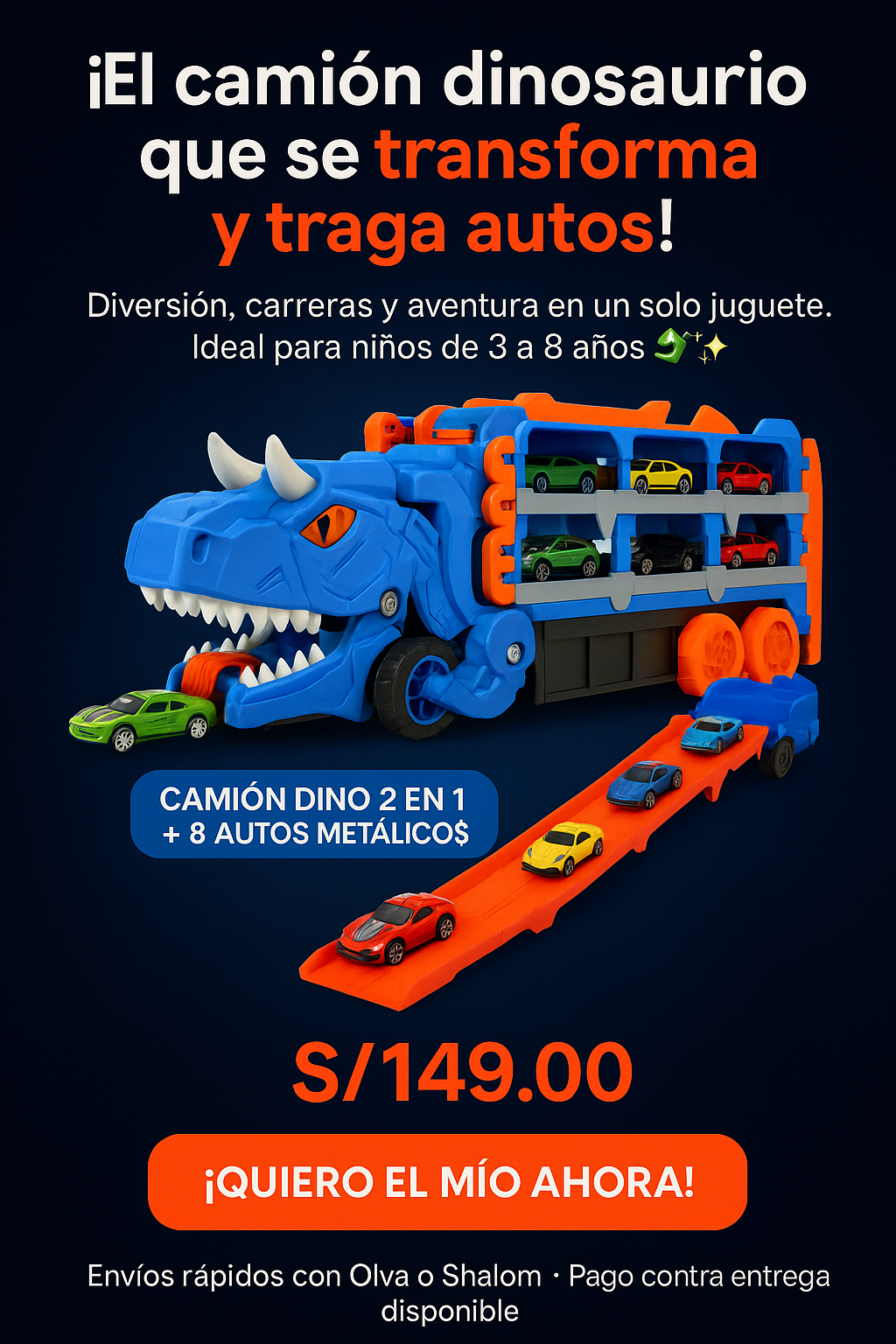 Dino Truck 2 en 1 🚗 – Camión Dinosaurio que se Transforma y Traga Autos OFERTA SOLO POR HOY A S/ 129