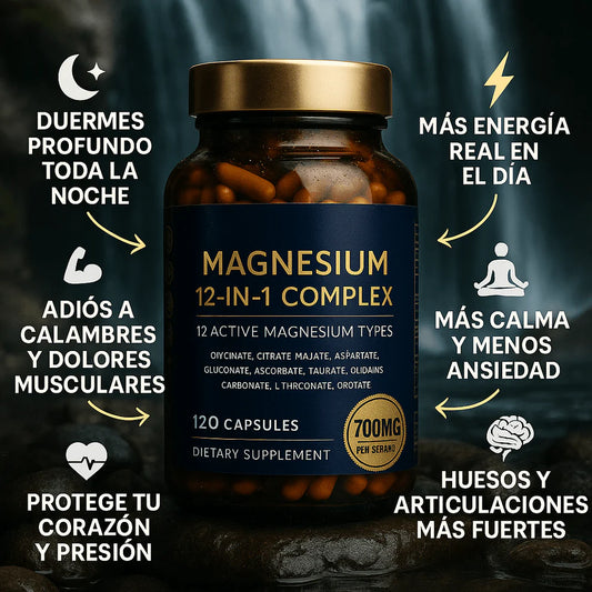 MAGNESIUM 12 EN 1: La fórmula que combate el cansancio, los calambres y el envejecimiento (FRASCO DE 60 CAPSULAS)