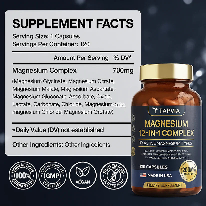 MAGNESIUM 12 EN 1: La fórmula que combate el cansancio, los calambres y el envejecimiento (FRASCO DE 60 CAPSULAS)